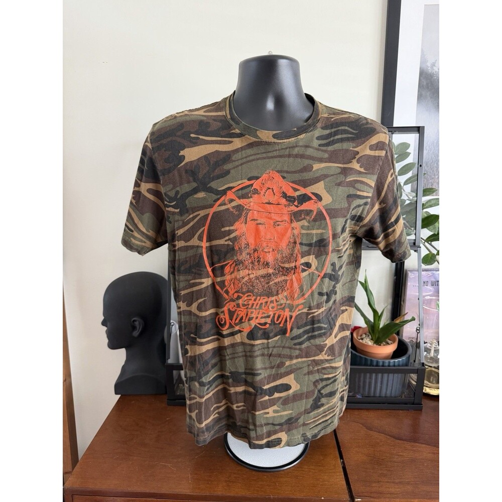 Chris Stapleton T Shirt Mens Medium Camo Woodland Jungle Tee Crew Neck Orange